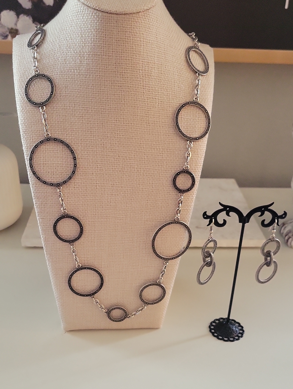 Brighton Silver and Black Open Circle Necklace with Matching Earrings